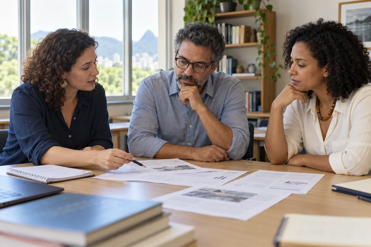 Cena ilustrativa de pesquisadores discutindo documentos e hipóteses
