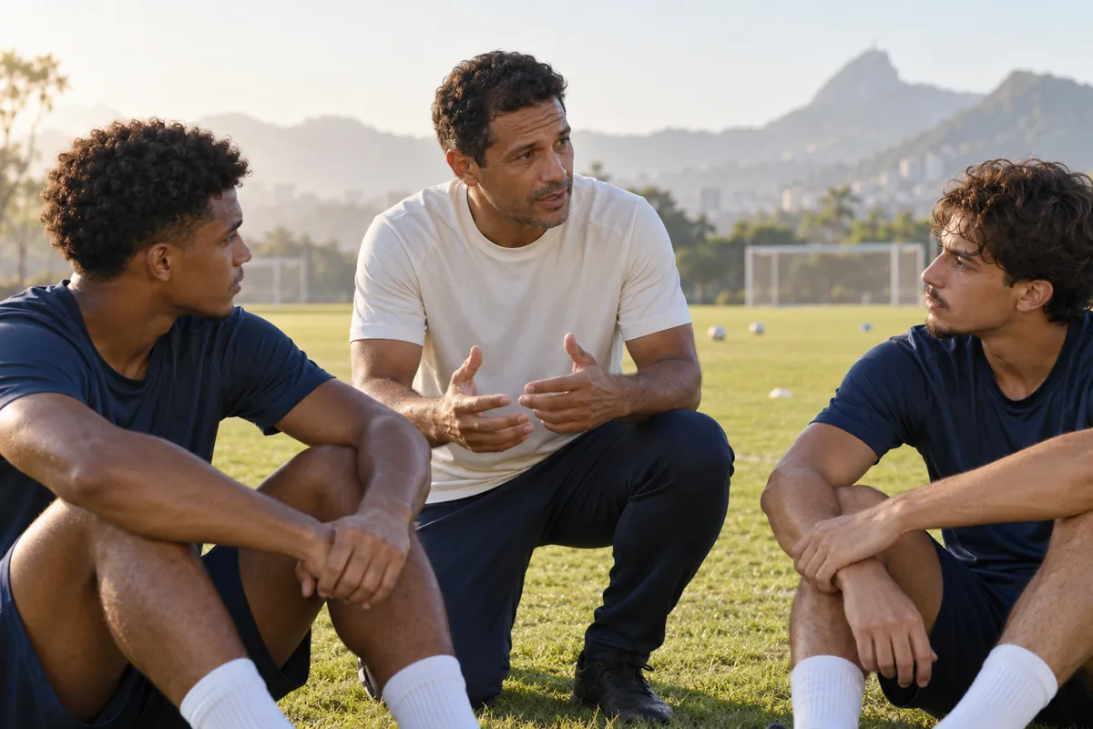Cena ilustrativa de conversa entre treinador e atletas em um campo de futebol